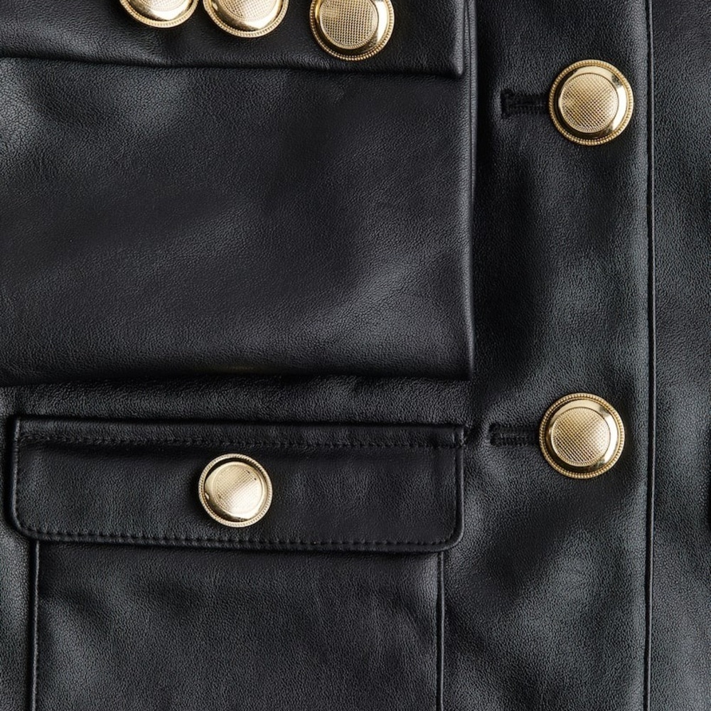 H&M Black Faux Leather Collarless Blazer Gold Button Jacket Size XL - Picture 3 of 9